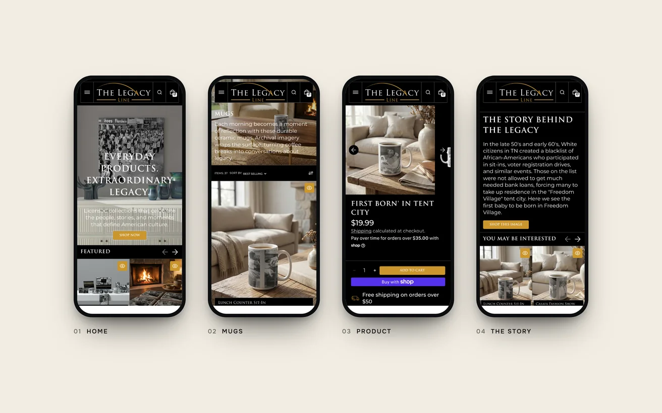 The finished Legacy Line store on phones: home, mugs, product and the story behind the image