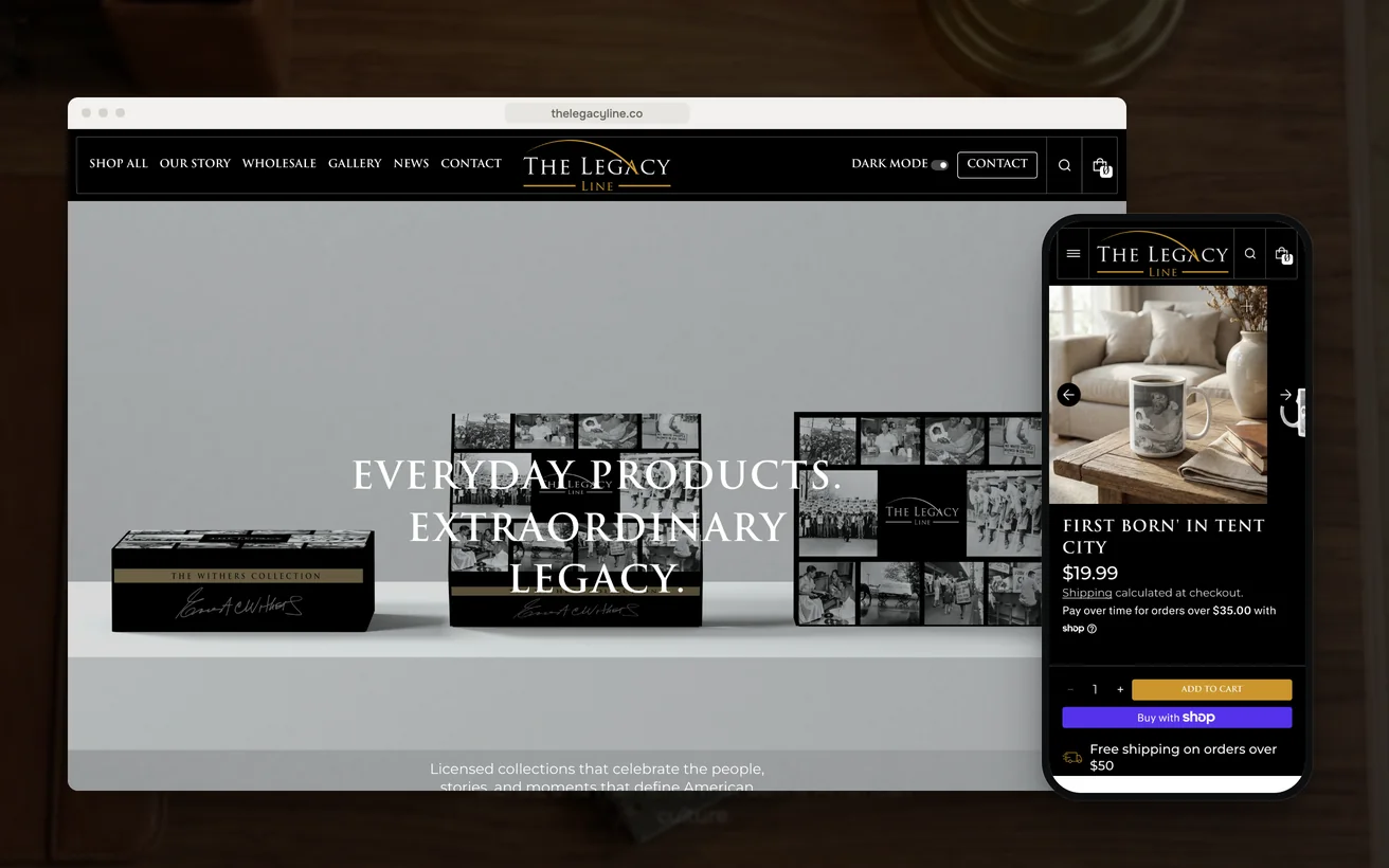 The Legacy Line's Shopify store on desktop and phone: the homepage and a mug product page