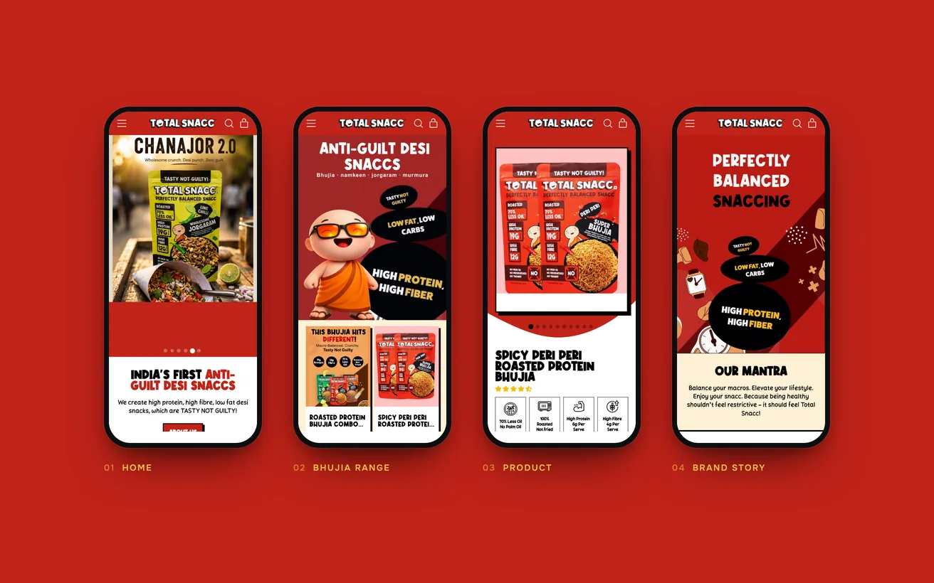 The finished TotalSnacc store on phones: home, the bhujia range, a product and the brand story