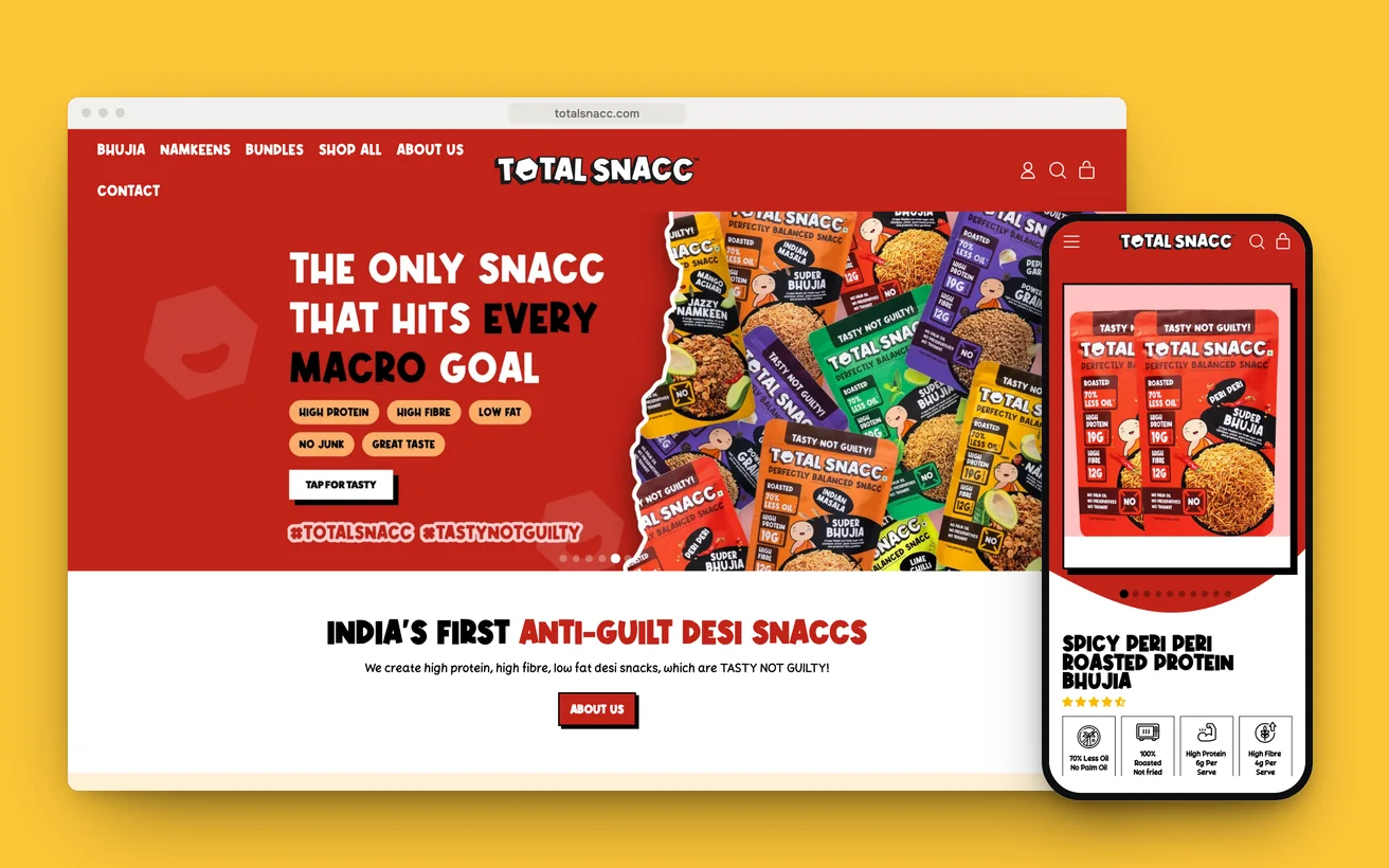 TotalSnacc's Shopify store on desktop and phone: the homepage and the Peri Peri Super Bhujia product page