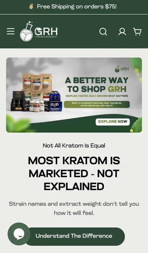GRH Kratom homepage on desktop and mobile