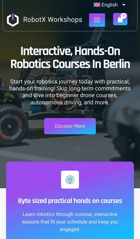 RobotX Workshops homepage on desktop and mobile
